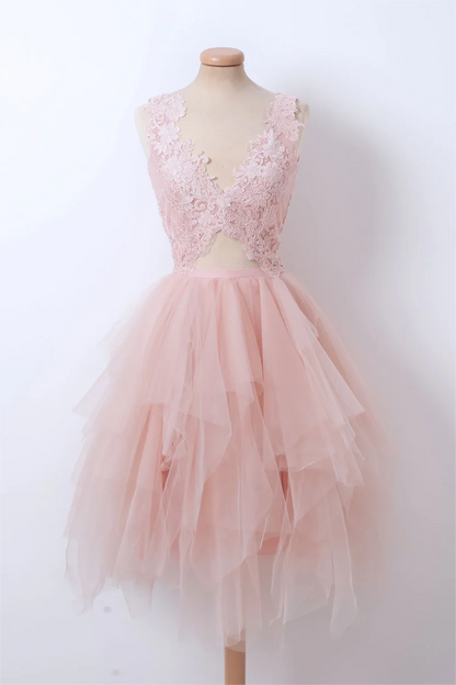 Appliqued V Neck Pink Tulle Homecoming Dress   P2156