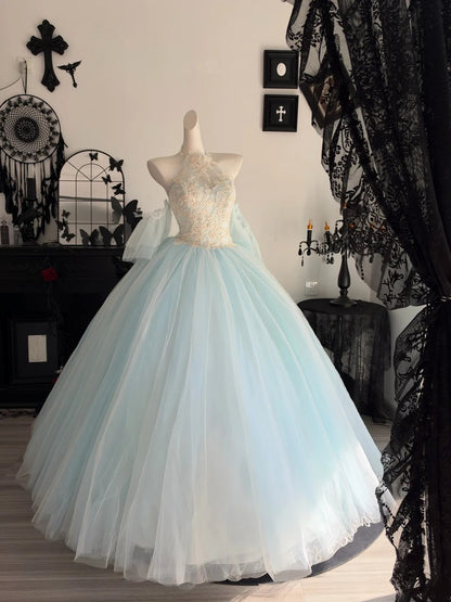 Appliques Halter A Line Blue Prom Dress Birthday Gown  P2697