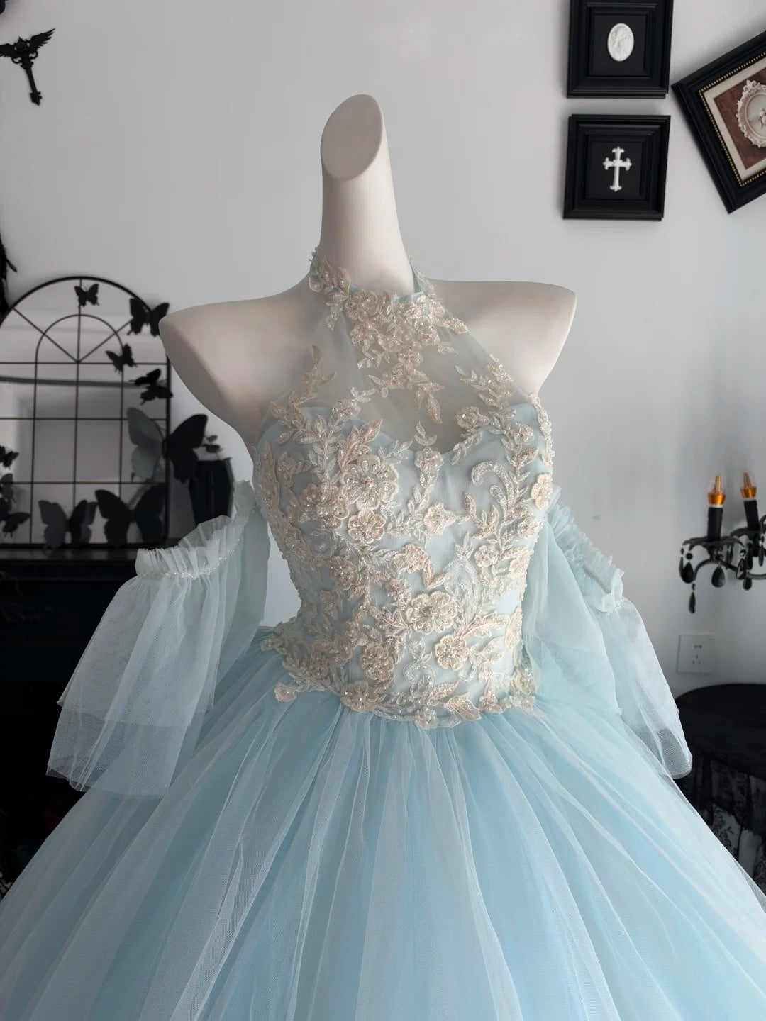 Appliques Halter A Line Blue Prom Dress Birthday Gown  P2697