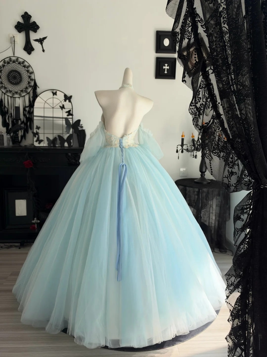 Appliques Halter A Line Blue Prom Dress Birthday Gown  P2697