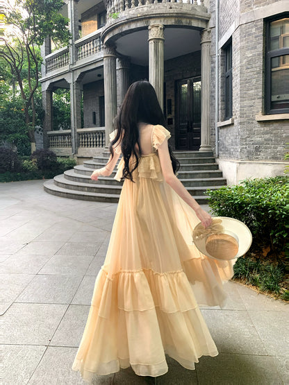 Apricot Chiffon Wedding Dress Lace A Line Ruffled Dress P1652