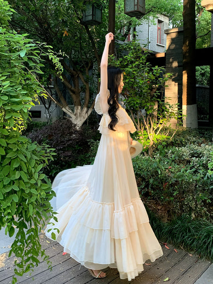Apricot Chiffon Wedding Dress Lace A Line Ruffled Dress P1652