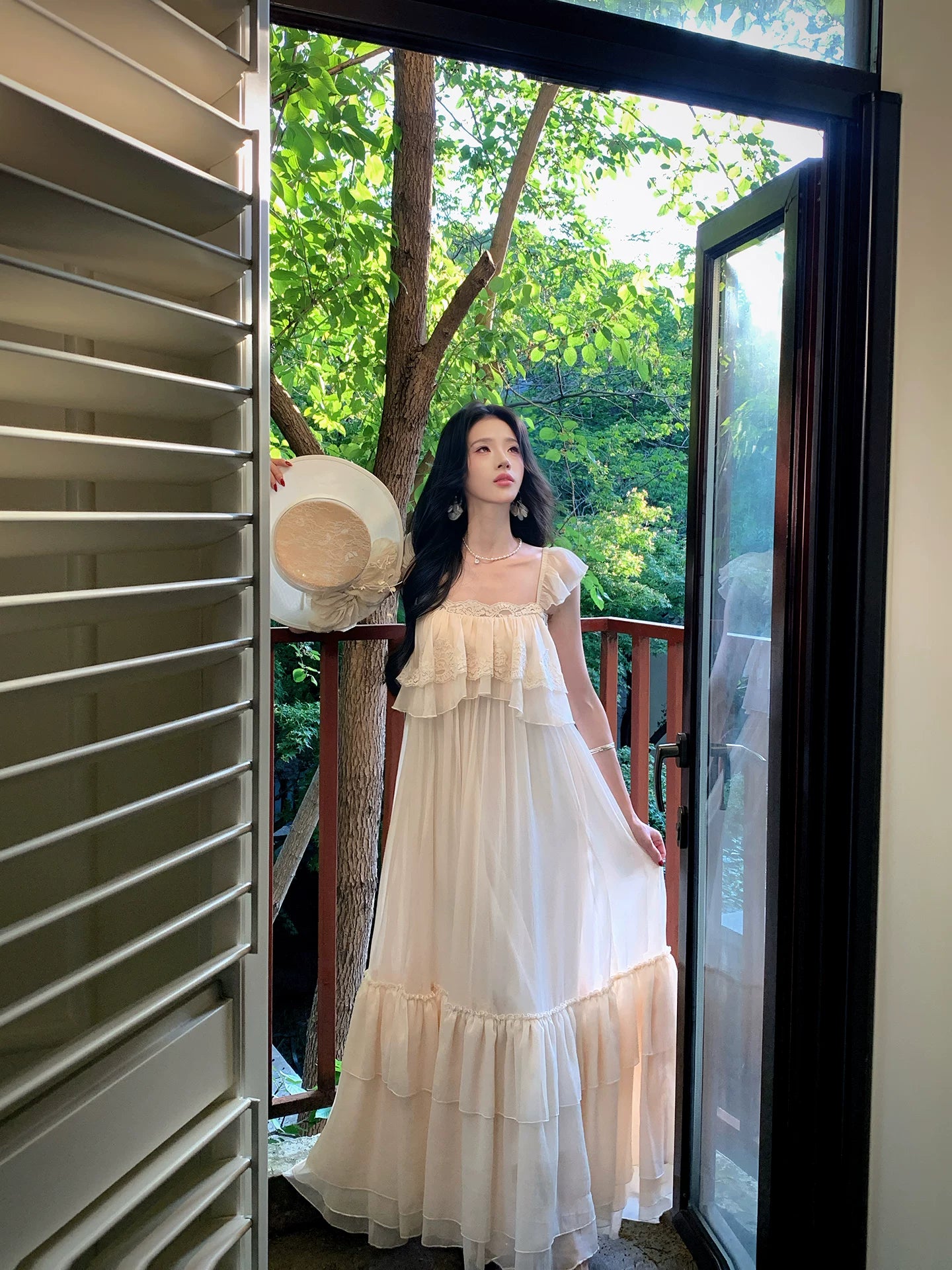 Apricot Chiffon Wedding Dress Lace A Line Ruffled Dress P1652