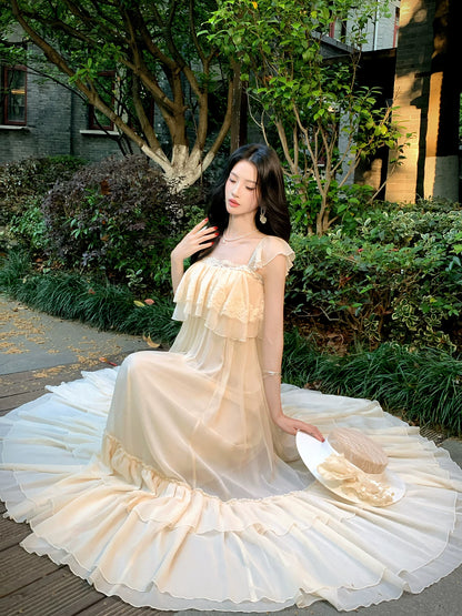 Apricot Chiffon Wedding Dress Lace A Line Ruffled Dress P1652