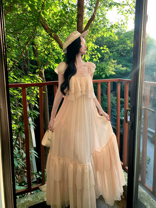 Apricot Chiffon Wedding Dress Lace A Line Ruffled Dress P1652