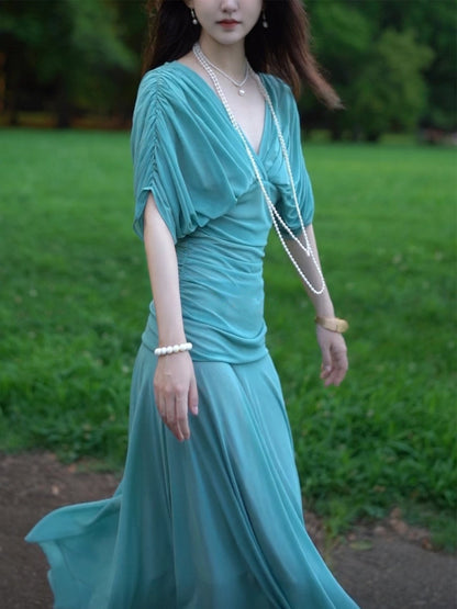 Aqua Blue A Line Wedding Guest Dress V Neck Formal Dress P700