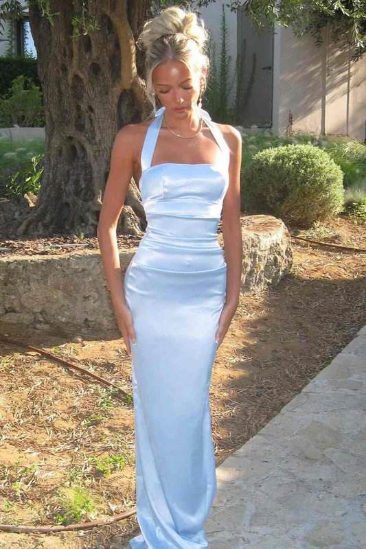 Baby Blue Halter Satin Backless Sheath Long Formal Prom Dress  P861
