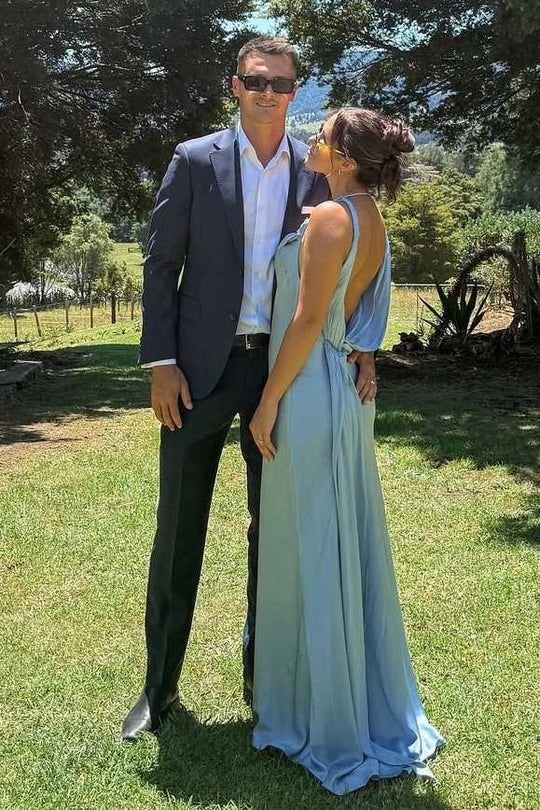 Backless Blue Satin Prom Dress Formal Wedding Guest Dress  P1003