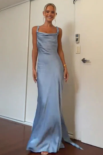 Backless Blue Satin Prom Dress Formal Wedding Guest Dress  P1003