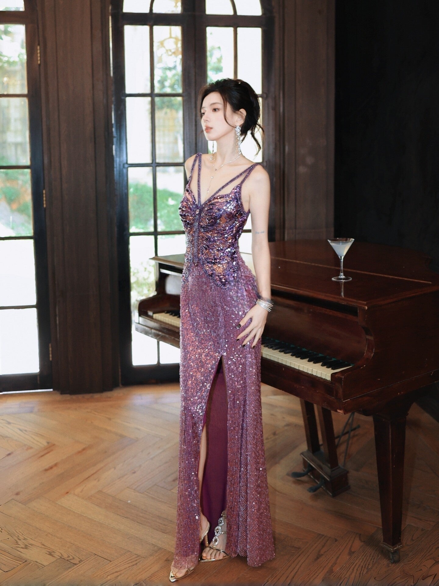 Backless Dress with Butterfly Design Purple Sequined Prom Dress L81