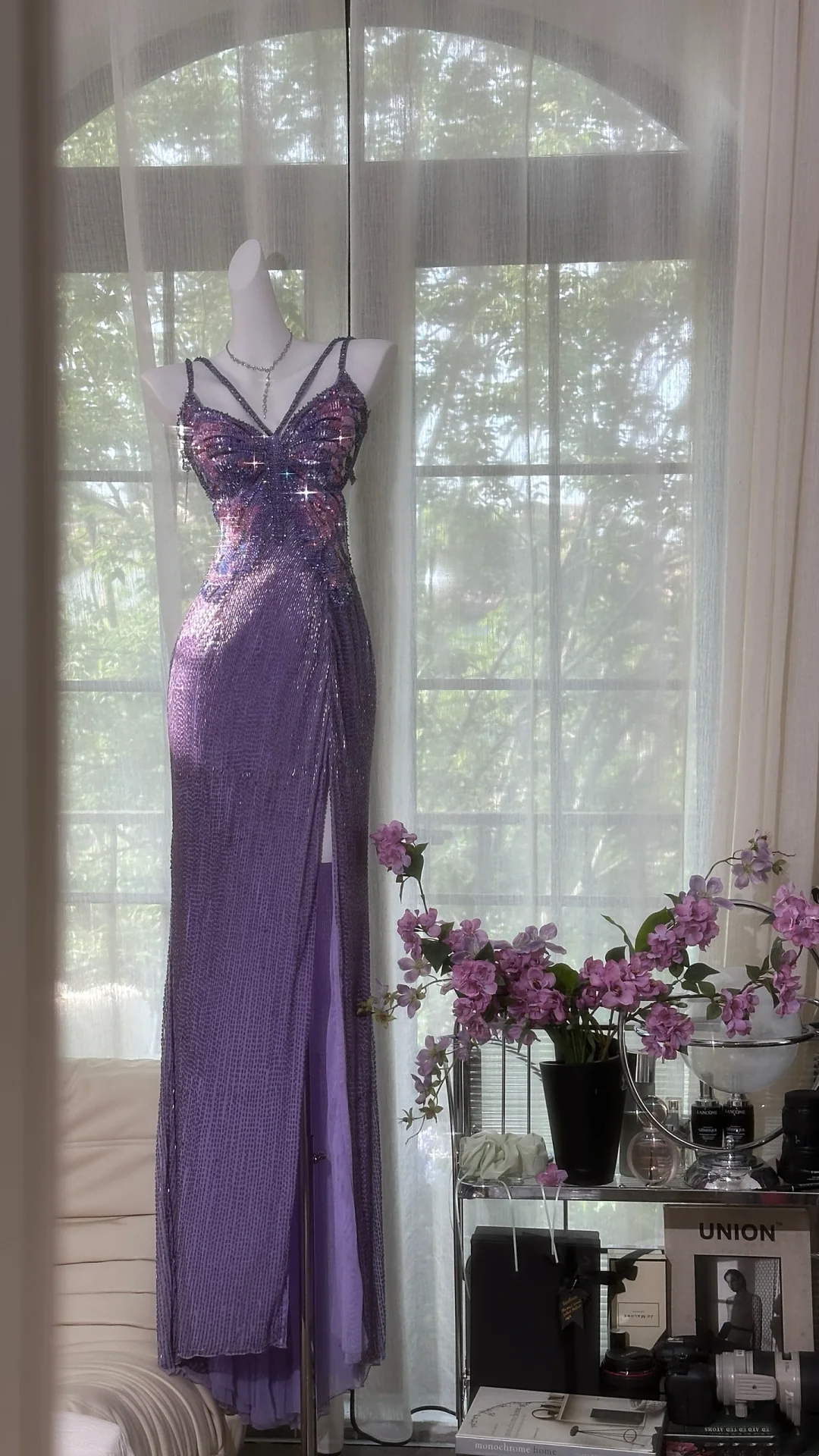 Backless Dress with Butterfly Design Purple Sequined Prom Dress L81