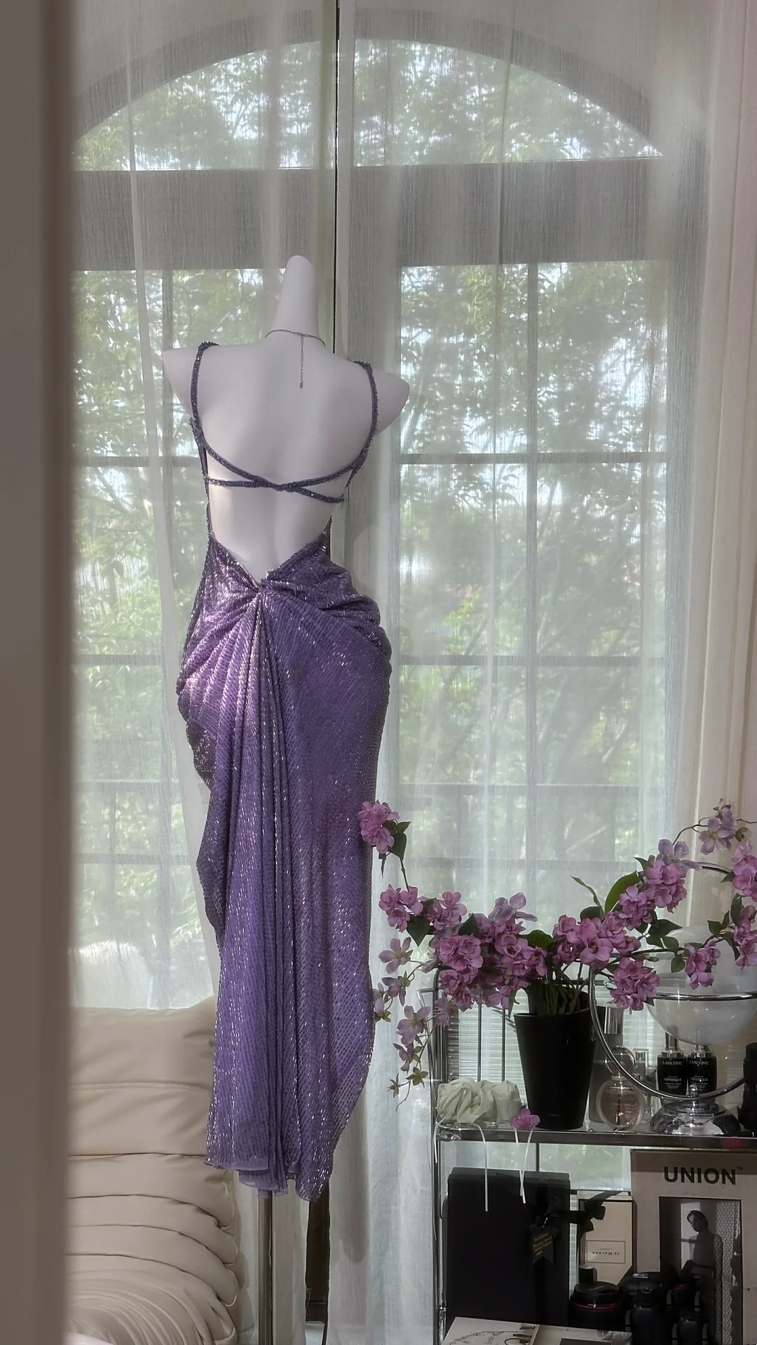 Backless Dress with Butterfly Design Purple Sequined Prom Dress L81