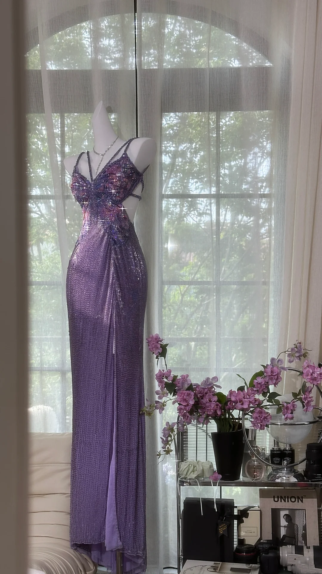 Backless Dress with Butterfly Design Purple Sequined Prom Dress L81