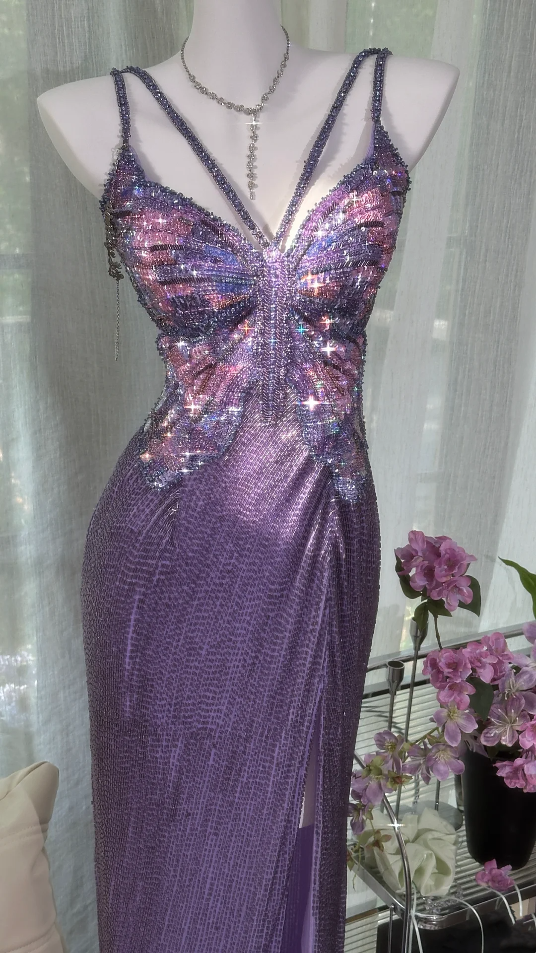 Backless Dress with Butterfly Design Purple Sequined Prom Dress L81
