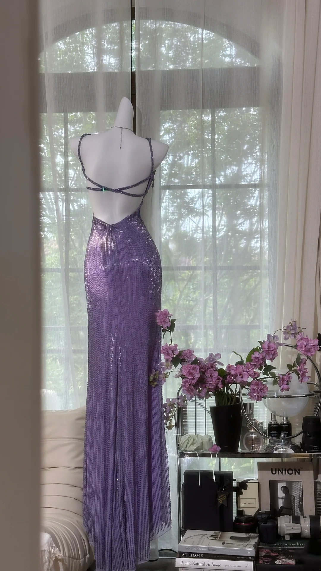 Backless Dress with Butterfly Design Purple Sequined Prom Dress L81