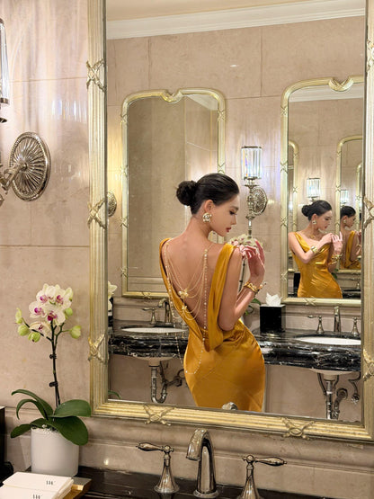 Backless Gold Satin Prom Dress Mermaid Evening Dress  P764