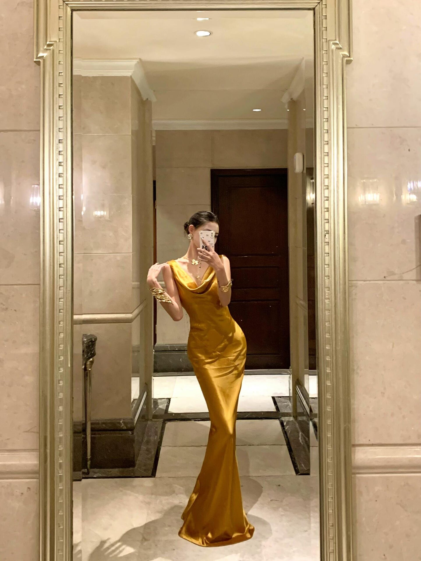 Backless Gold Satin Prom Dress Mermaid Evening Dress  P764