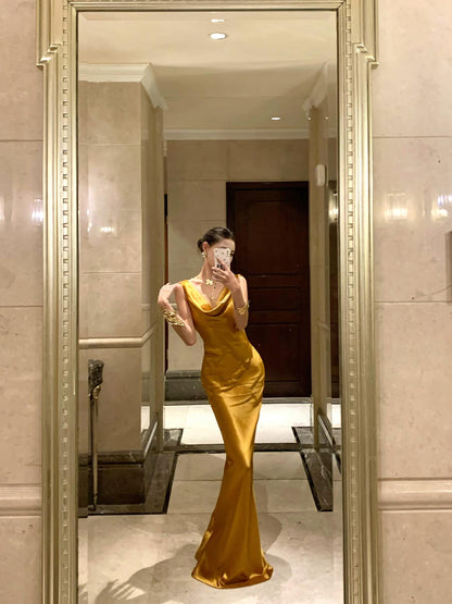 Backless Gold Satin Prom Dress Mermaid Evening Dress  P764