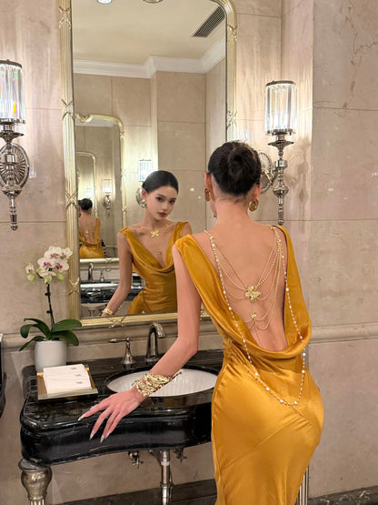 Backless Gold Satin Prom Dress Mermaid Evening Dress  P764