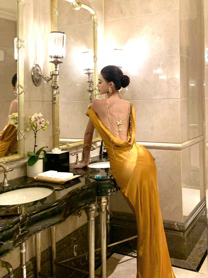 Backless Gold Satin Prom Dress Mermaid Evening Dress  P764