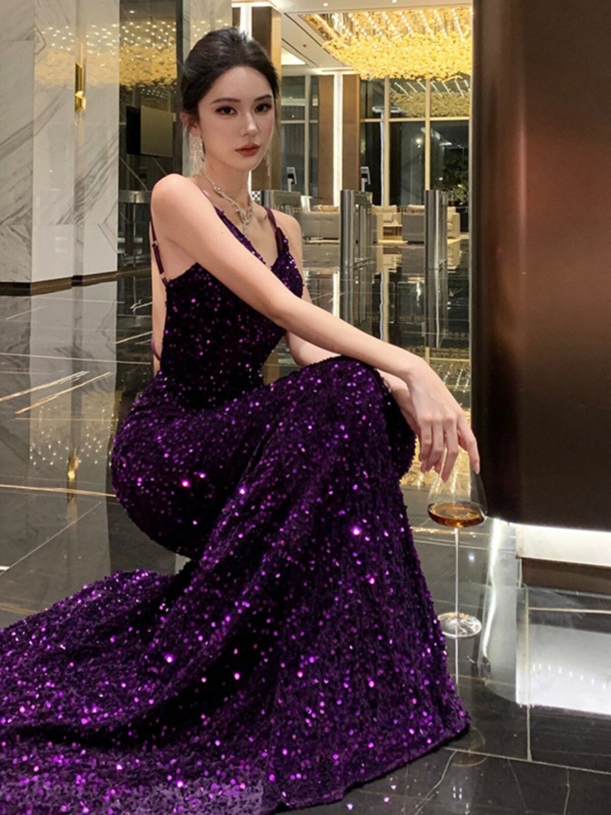 Backless Mermaid Purple Sequins Prom Dress Sexy Evening Dress  P946