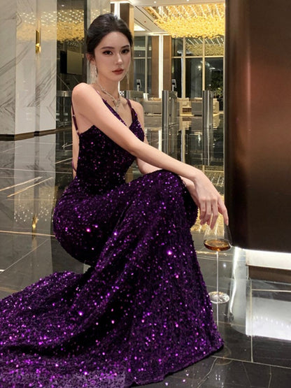 Backless Mermaid Purple Sequins Prom Dress Sexy Evening Dress  P946