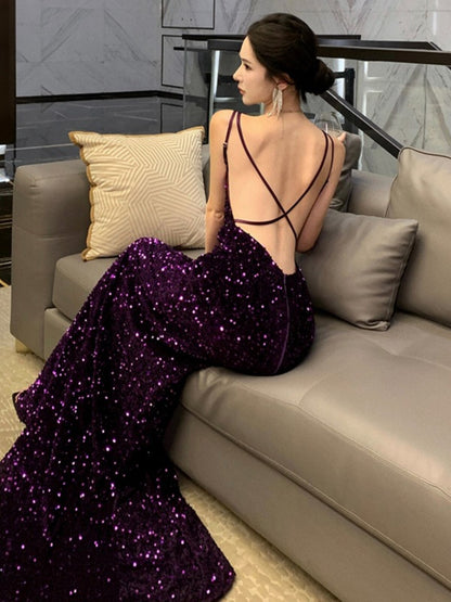 Backless Mermaid Purple Sequins Prom Dress Sexy Evening Dress  P946