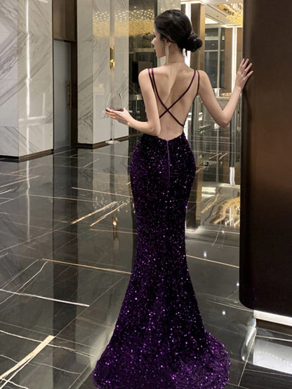 Backless Mermaid Purple Sequins Prom Dress Sexy Evening Dress  P946