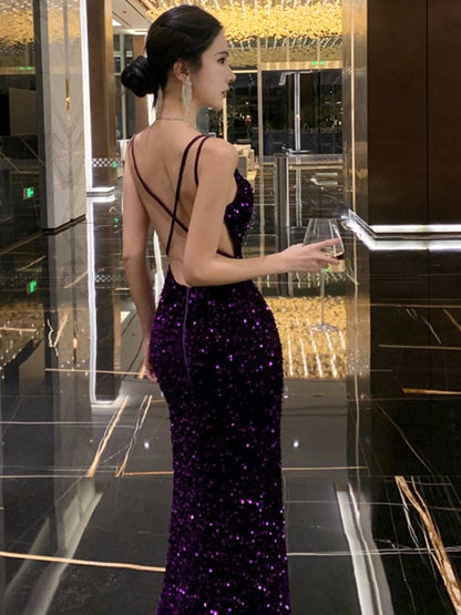 Backless Mermaid Purple Sequins Prom Dress Sexy Evening Dress  P946
