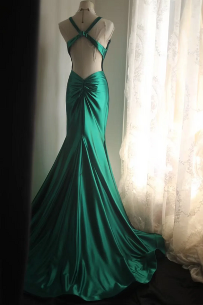 Backless Green Satin Mermaid Prom Dress Sexy Evening Dress  P685