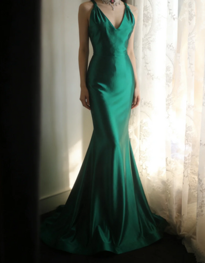Backless Green Satin Mermaid Prom Dress Sexy Evening Dress  P685
