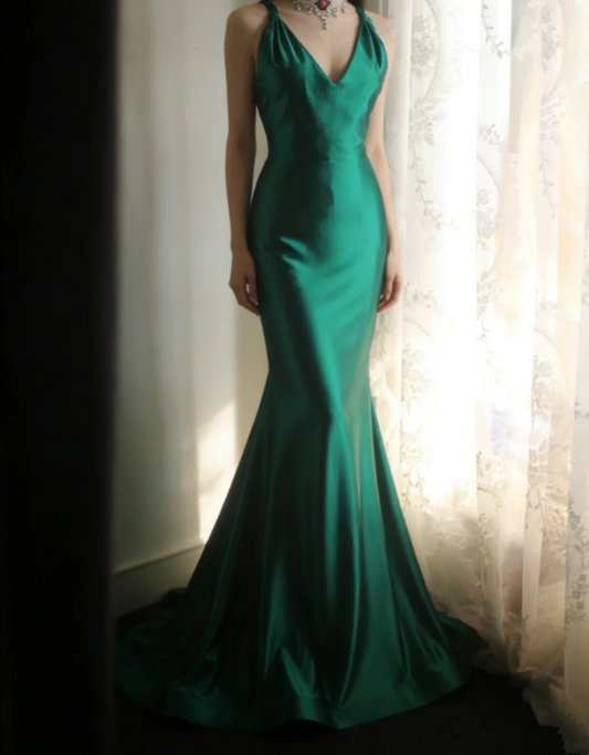 Backless Green Satin Mermaid Prom Dress Sexy Evening Dress  P685