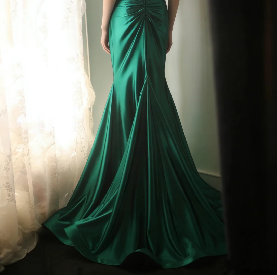 Backless Green Satin Mermaid Prom Dress Sexy Evening Dress  P685