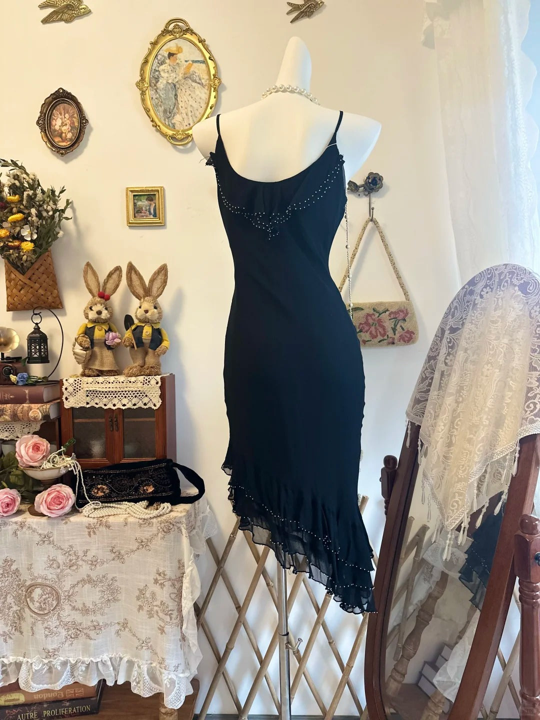 Beaded Black Vintage Evening Gown Chiffon Party Dress  P2178