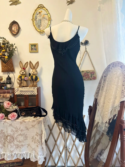 Beaded Black Vintage Evening Gown Chiffon Party Dress  P2178