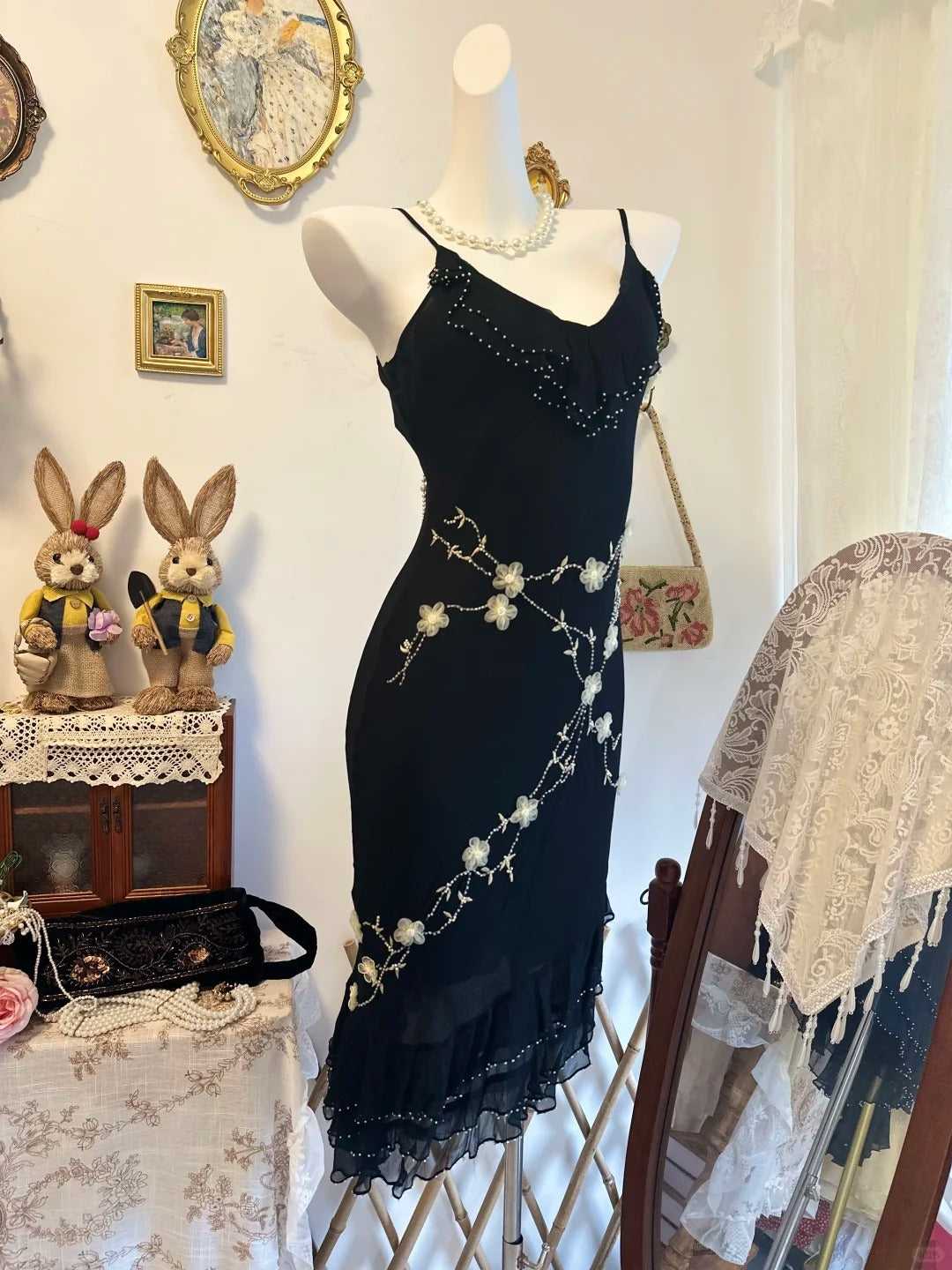 Beaded Black Vintage Evening Gown Chiffon Party Dress  P2178
