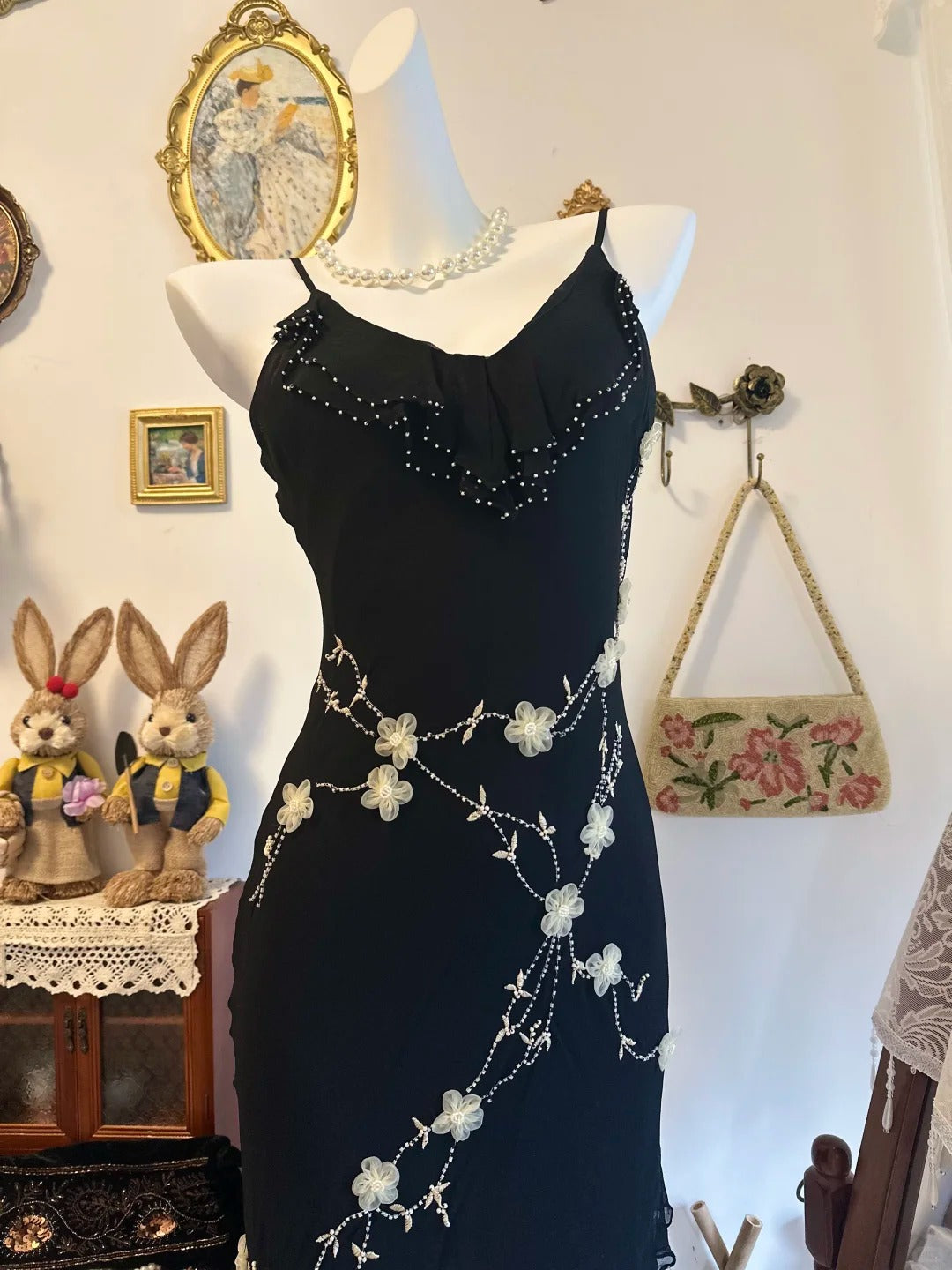 Beaded Black Vintage Evening Gown Chiffon Party Dress  P2178