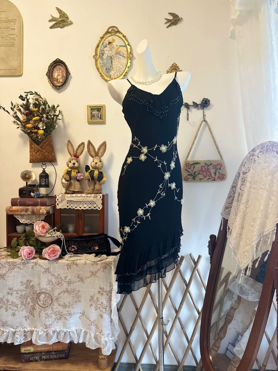 Beaded Black Vintage Evening Gown Chiffon Party Dress  P2178