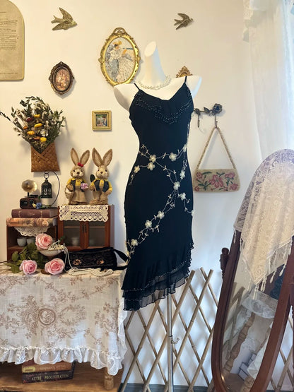 Beaded Black Vintage Evening Gown Chiffon Party Dress  P2178