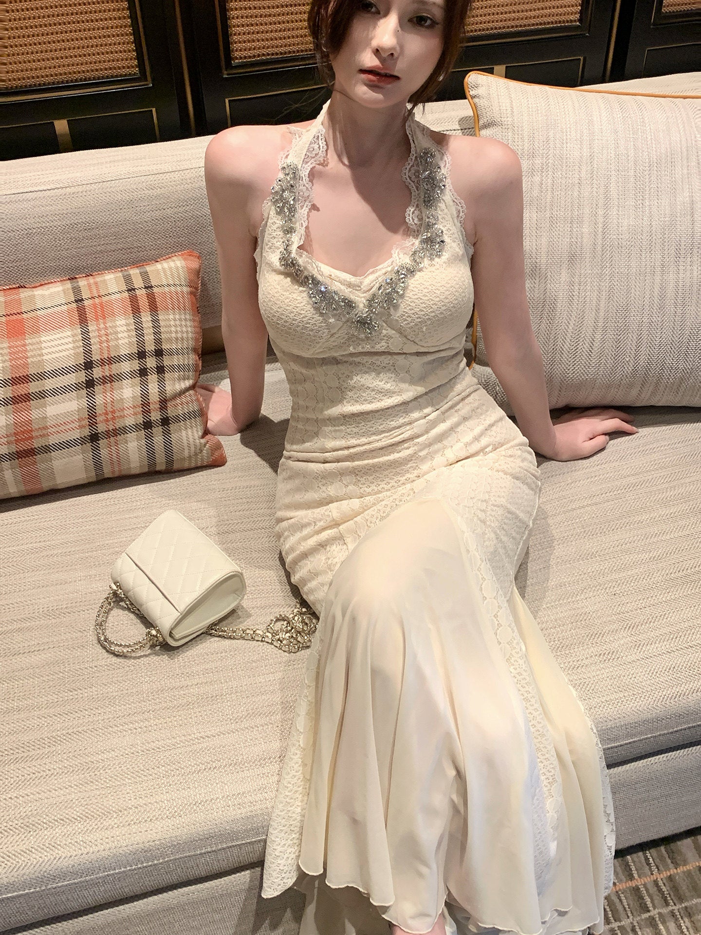 Beaded Halter Mermaid Lace Evening Dress Sexy  Prom Dress  L57