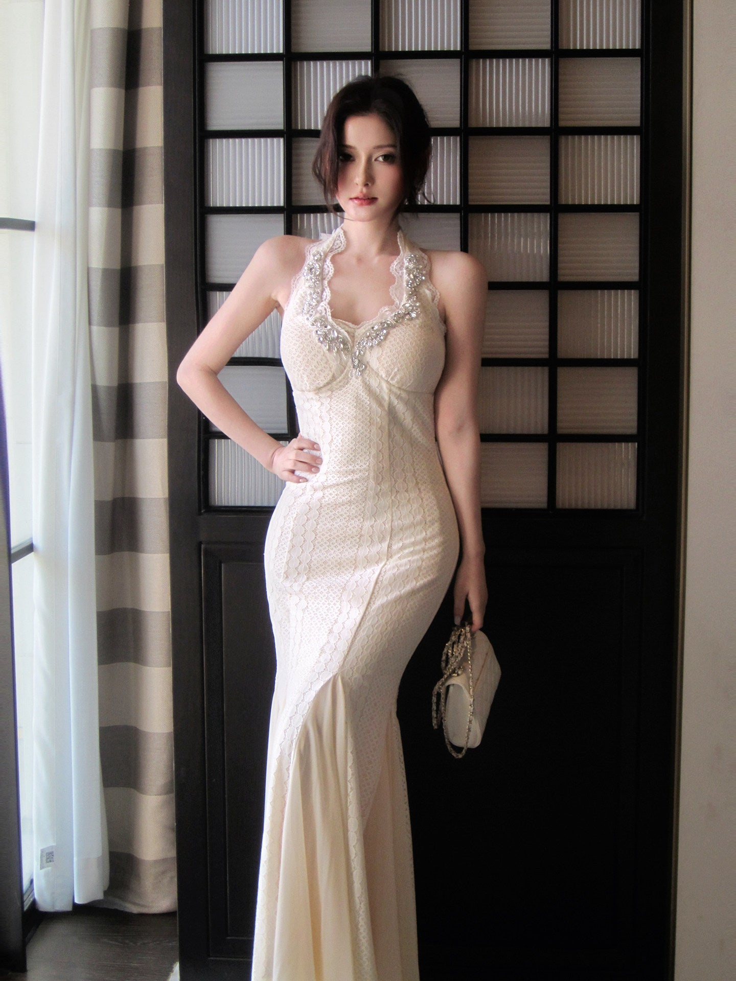 Beaded Halter Mermaid Lace Evening Dress Sexy  Prom Dress  L57