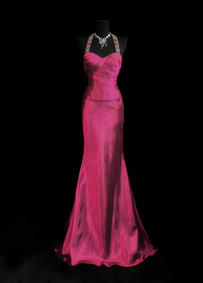 Beaded Halter Mermaid Satin Prom Dress Rose Red Evening Gown  P1162