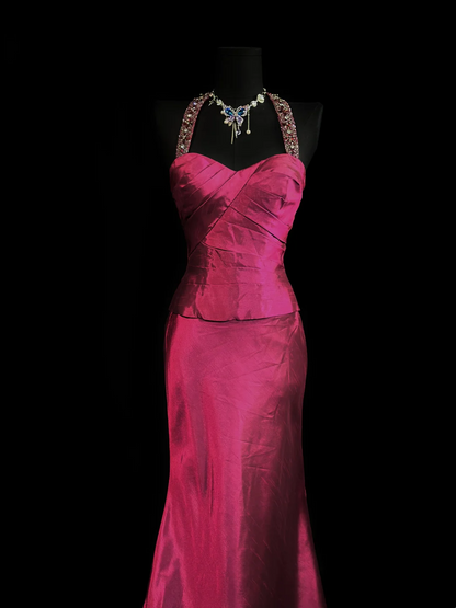 Beaded Halter Mermaid Satin Prom Dress Rose Red Evening Gown  P1162