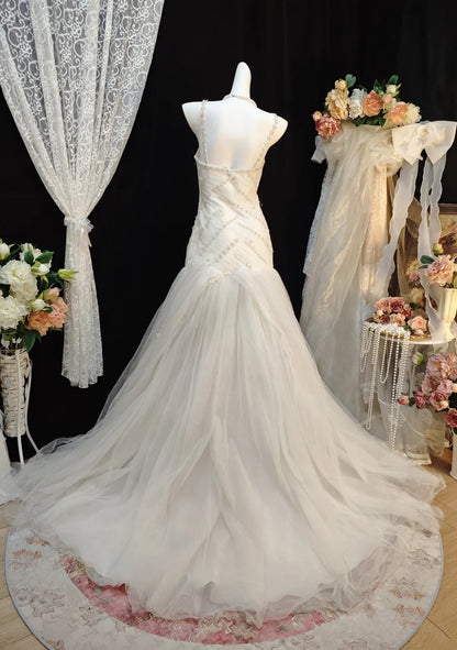 Beaded Ivory Mermaid Tulle Wedding Dress Retro Bride Dress  P1852