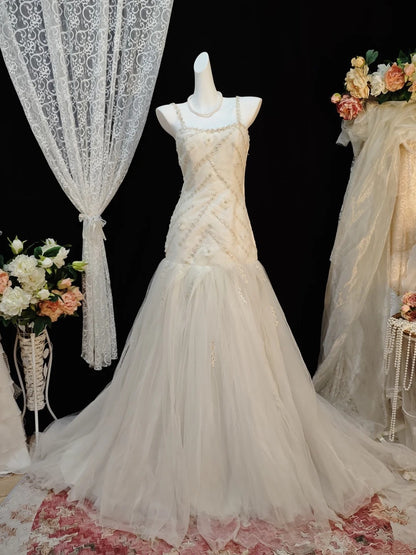 Beaded Ivory Mermaid Tulle Wedding Dress Retro Bride Dress  P1852