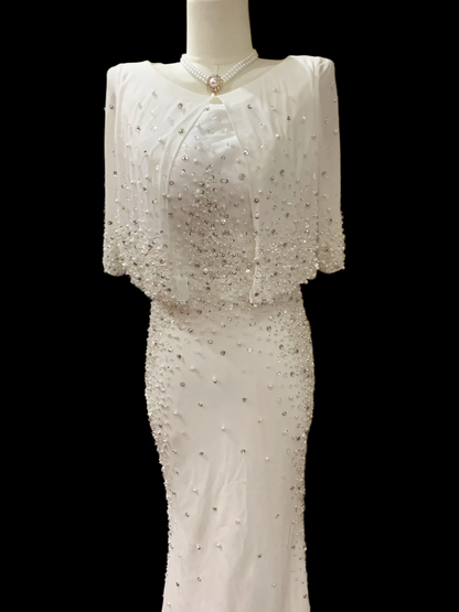Beaded White Mermaid Wedding Dress For Bridal  Modest  Evening Dress P803