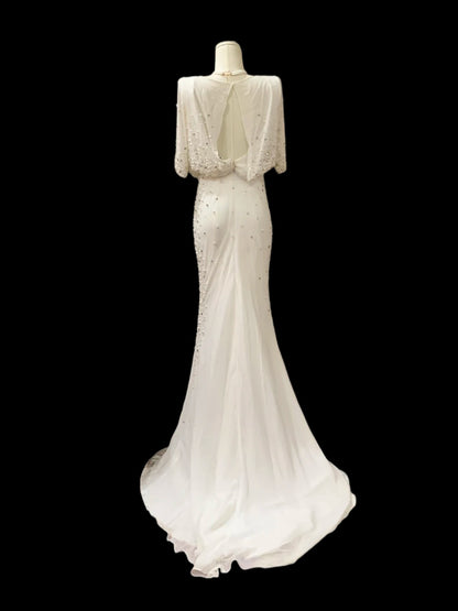Beaded White Mermaid Wedding Dress For Bridal  Modest  Evening Dress P803