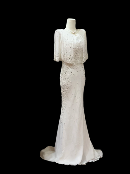 Beaded White Mermaid Wedding Dress For Bridal  Modest  Evening Dress P803