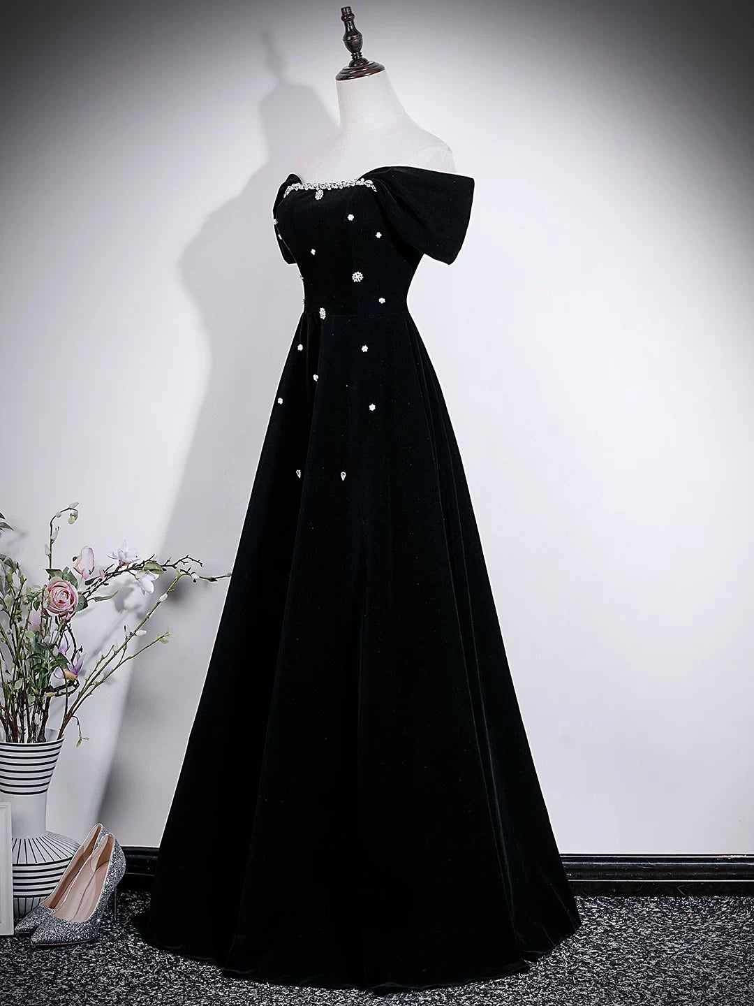 Beaded Off The Shoulder Black Velvet Formal Prom Dress  P2715