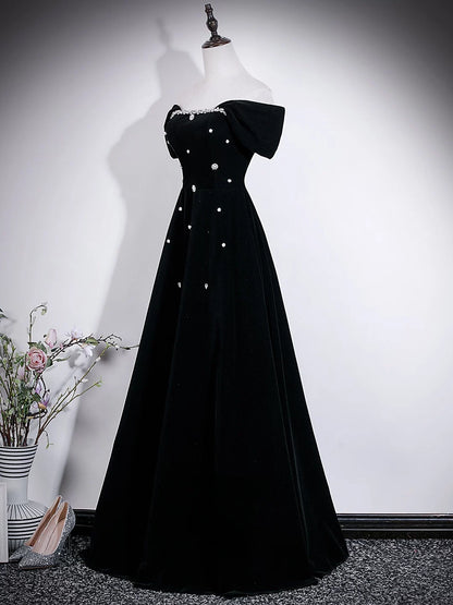 Beaded Off The Shoulder Black Velvet Formal Prom Dress  P2715